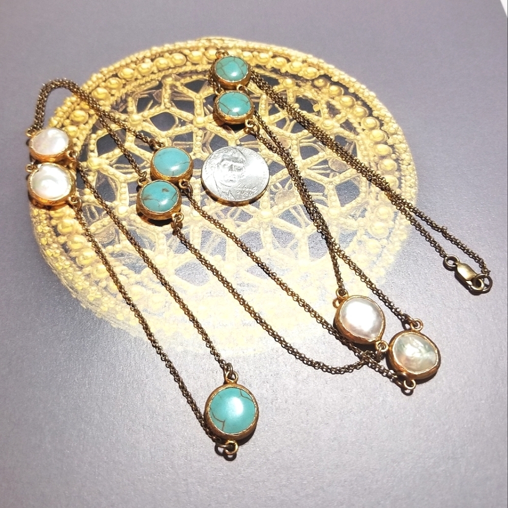 44" Gold Vermeil Turquoise & Coin Pearl Vintage Station Necklace - Picture 6 of 6